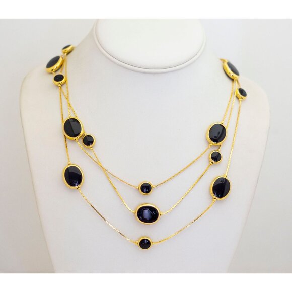 27 inch, Vintage Black Beads Gold Tone Stylish Multi Strand Necklace by Avon, N1 - Picture 1 of 3